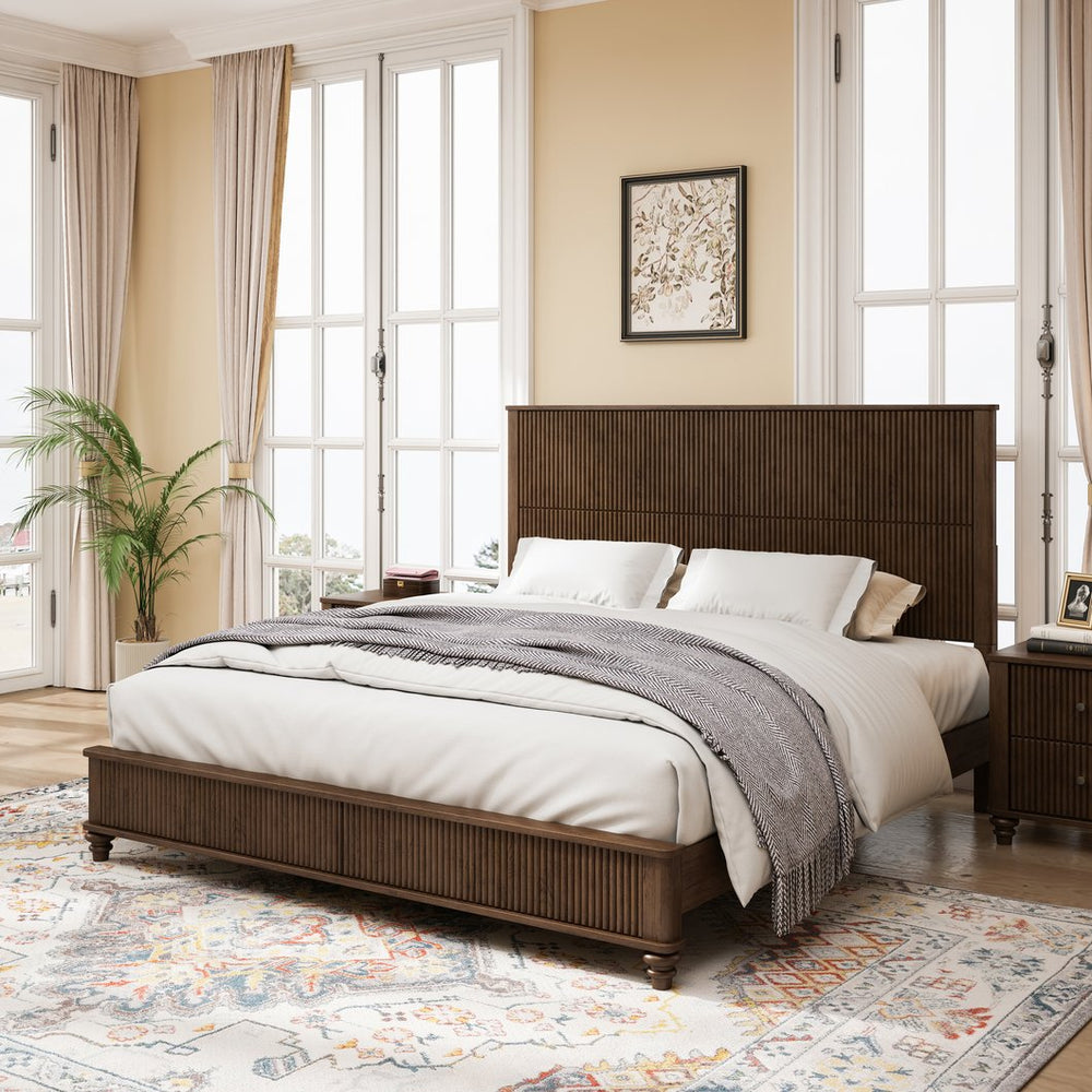 English Elm Solid Rubberwood Queen Platform Bed Tall Headboard Natural Grain No Box Spring W1716S00017