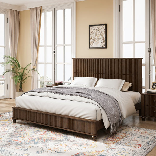 English Elm Solid Rubberwood Queen Platform Bed Tall Headboard Natural Grain No Box Spring W1716S00017