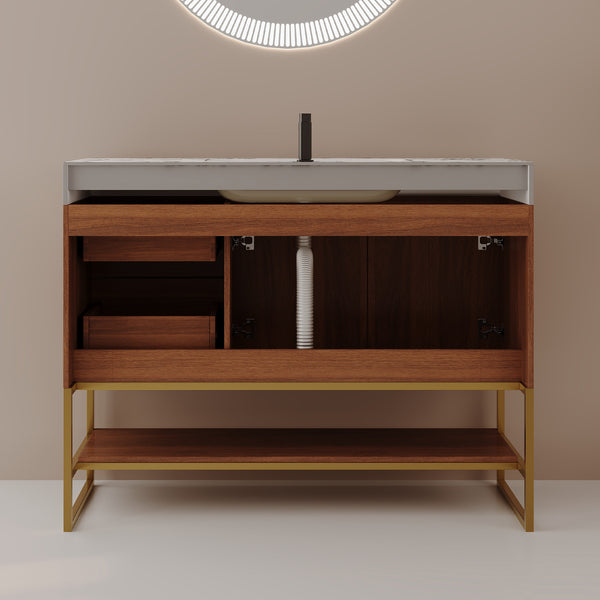 English Elm 36" Freestanding Bathroom Vanity Sintered Stone Top Integrated Basin Gold Hardware W3136S00057