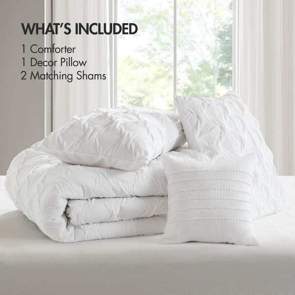 JLA Home Comfort Spaces - Diamond Ruched Ogee Comforter Set with Crinkle Texture, Breathable All-Season Warmth & OEKO-TEX White AM10-0158