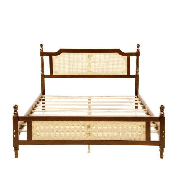 English Elm Queen Pine Bed with Rattan Headboard & Footboard, Walnut Finish, Space-Saving Central Platform Design W504P269833