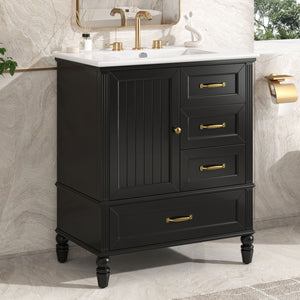 Christopher Knight Home® - Noble House - - 30" Bathroom Vanity With Sink, Bathroom Cabinet With A Door, Three Drawers, Solid Wood Legs & Mdf Board, Adiustable Foot Pads, Black (Other Color: N725P195409K)