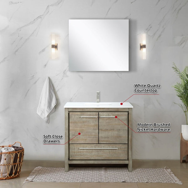 English Elm Rustic Acacia Bath Vanity 36" W With White Quartz Top, Brushed Nickel Faucet & 28" Mirror Set B2731S01947-GIGA