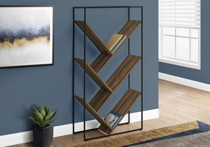 English Elm Bookshelf, 5-Tier Slanted Etagere with V-Shaped Open Shelves, Slim Black Metal Frame, 60" H Brown 39 L x 13 W x 7 H B2710P218982