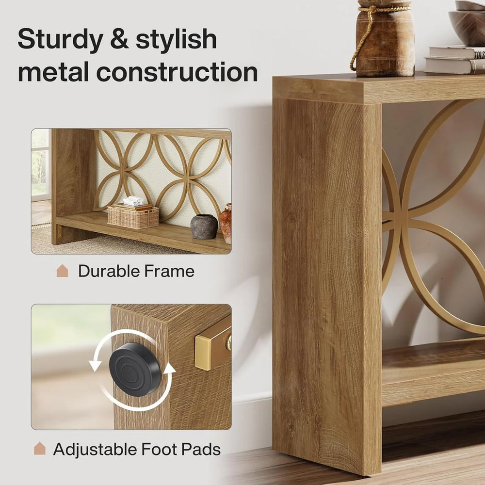 English Elm 2-tier Industrial Console Table Rustic Wood and Black Metal Frame Entryway Sofa T3971P462969