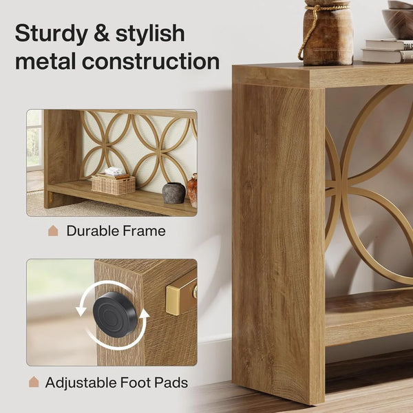 English Elm 2-tier Industrial Console Table Rustic Wood and Black Metal Frame Entryway Sofa T3971P462969