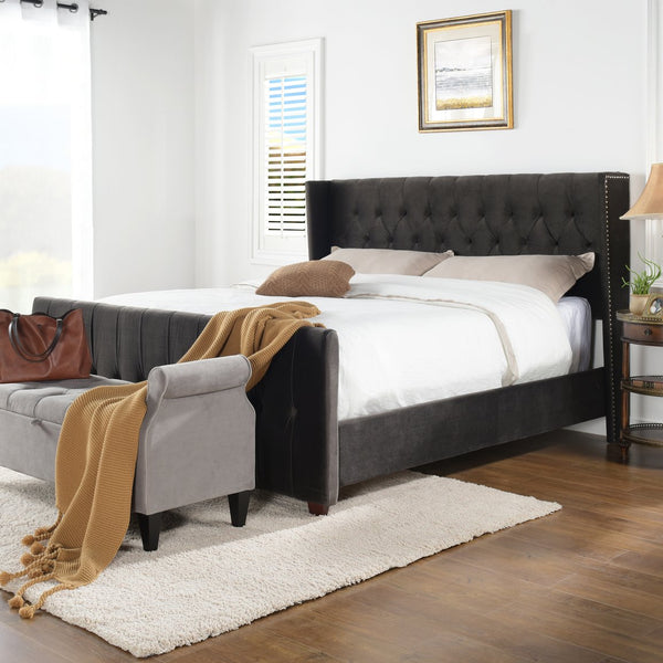 English Elm Jennifer Taylor Home - David Tufted Wingback King Bed with Dark Charcoal Velvet, Nailhead Trim, Solid Hardwood Frame, Luxurious Support B2719P245935