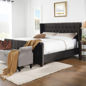 English Elm David Tufted Wingback King Bed, Dark Charcoal Grey Velvet