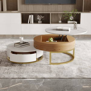 English Elm Dolce Round Lift-Top Wood Coffee Table with Convertible Heights and Sturdy Iron Frame, Modern Chic White B341S00042