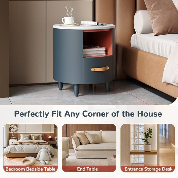 English Elm Christopher Knight Home® - Contemporary Round Nightstand with Drawer & Open Shelf, Curved Bedside Table with Leather Handles Blue 22 L x 22 W x 19.75 H N761P285708C