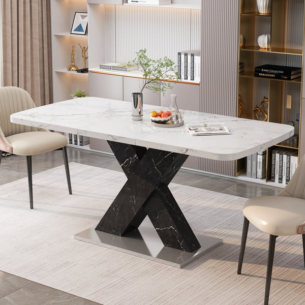 English Elm Modern Rectangle Dining Table - Stretchable White Marble Top With Black X-Leg Design For Stylish Dining W757P242764
