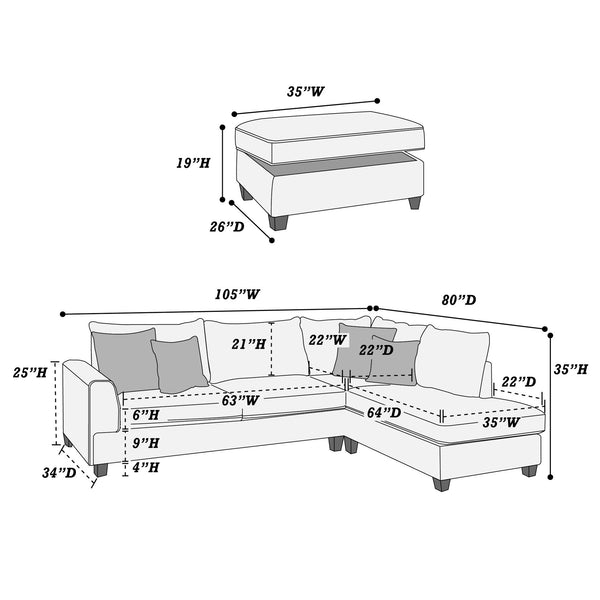 English Elm Beautiful 3-pcs Sectional Sofa with Reversible Chaise and Storage Ottoman Plush Summer Hues Comfort Mocha 76 L x 35 W x 16 H B011S01056