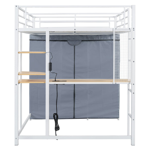 English Elm Full Loft Metal Bed with Built-In Desk, LED Strip, Power Outlet and Fabric Wardrobe for Space-Saving Living White SF000179AAK