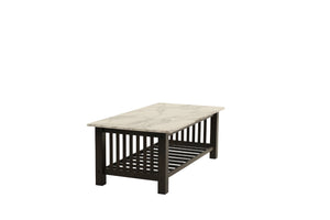 English Elm Contemporary 3pc Occasional Table Set Faux Marble Top Antique Walnut Finish Open Shelf Modern Design B011S01995