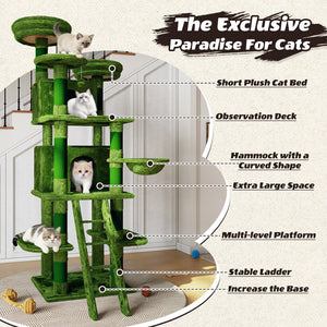 English Elm Large 7 Tier Plush Cat Tree with Dual Condos Hammock Sisal Posts for Multi Cat Homes Green W1578P447622