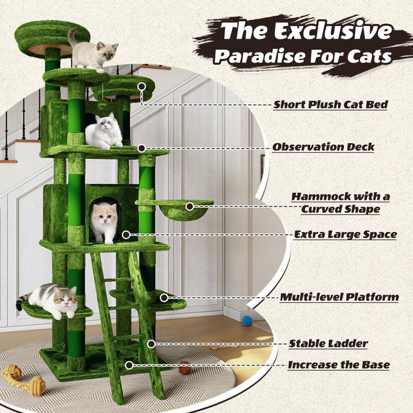 English Elm Large 7 Tier Plush Cat Tree with Dual Condos Hammock Sisal Posts for Multi Cat Homes Green W1578P447622