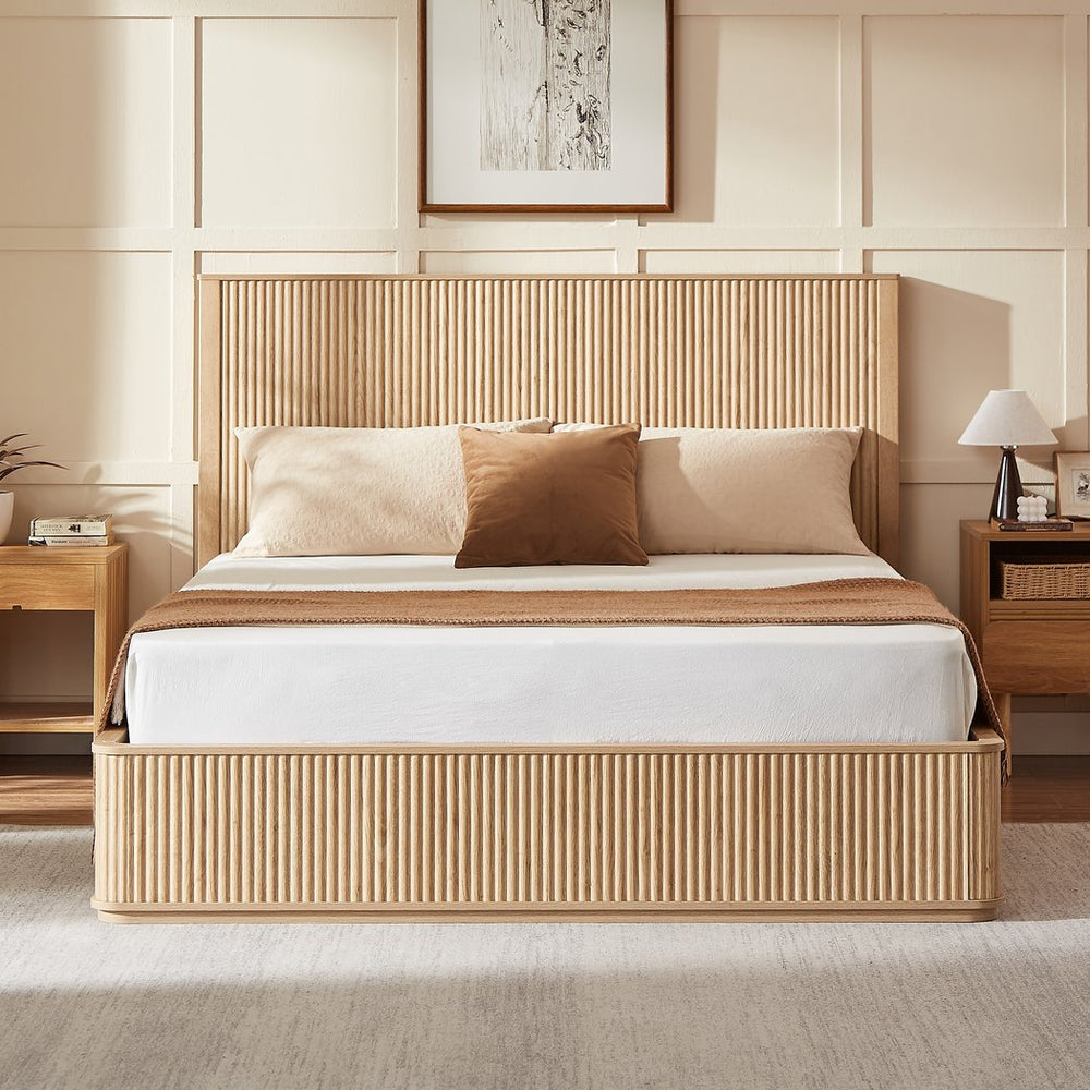 English Elm Natural Fluted Wood Platform Bed Minimalist Queen Frame with Tall Curved Headboard Oak W5219S00002