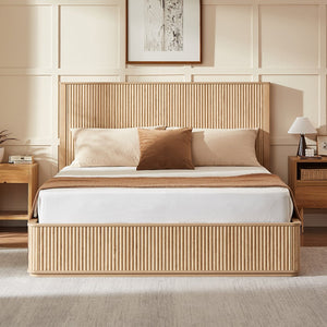 English Elm Natural Fluted Wood Platform Bed Minimalist Queen Frame with Tall Curved Headboard Oak W5219S00002