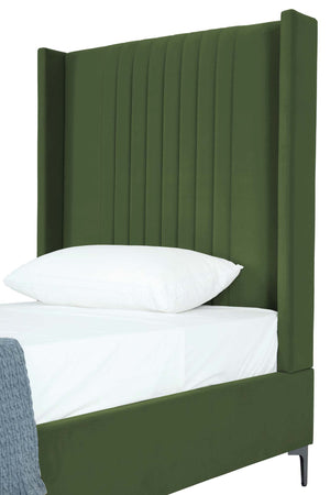English Elm Promenade Upholstered Velvet Twin Bed with Vertical Stitched Headboard, Solid Slats, No Box Spring Needed Green B365S00053