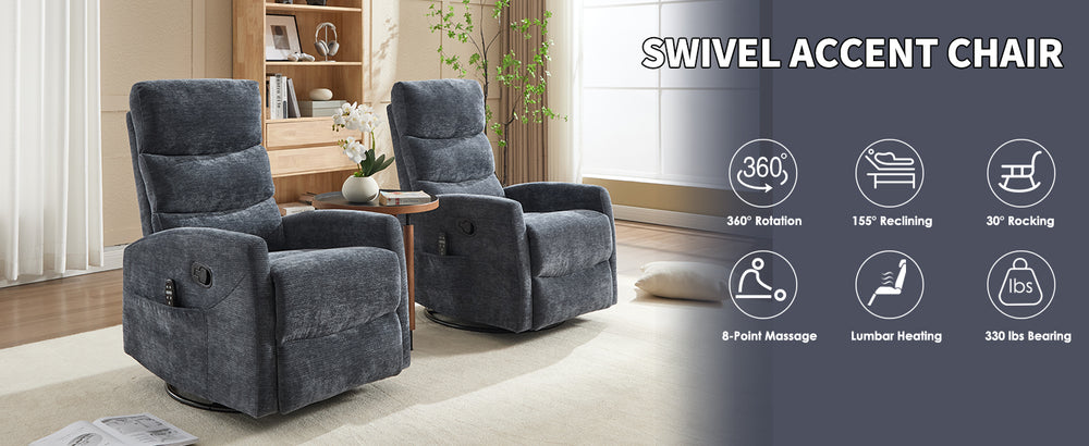 English Elm Heat Massage Rocker Swivel Recliner Chair Fabric Upholstery Living Room Comfort W3224P322248