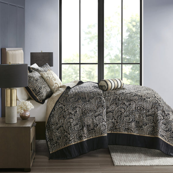English Elm 5 Piece Aubrey Reversible Jacquard Bedspread Set King with Paisley Motif, Gold Sheen, Quilted Elegance Black 22.83 L x 18.11 W x 8.27 H B03597642