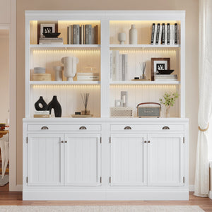 English Elm 83.4"Tall Bookcase Suite with LED Lighting, 2-Piece Modern White Storage Set with Doors Drawers and Adjustable Shelves for Living Room Office (Stylish, Spacious) SR000005AAK