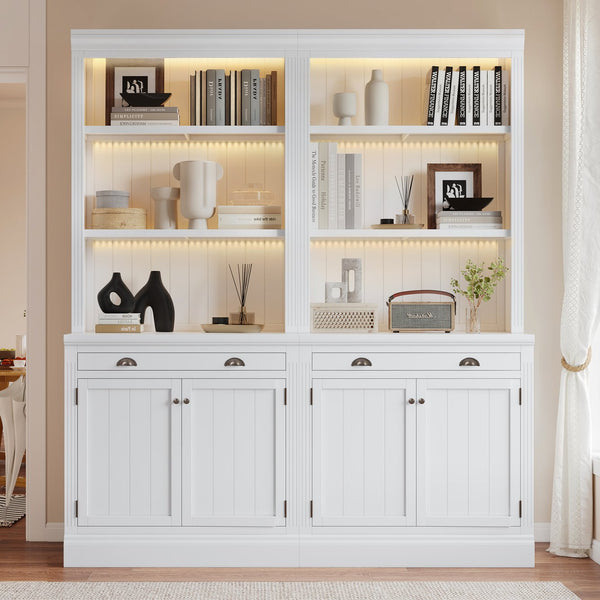 English Elm 83.4"Tall Bookcase Suite with LED Lighting, 2-Piece Modern White Storage Set with Doors Drawers and Adjustable Shelves for Living Room Office (Stylish, Spacious) SR000005AAK