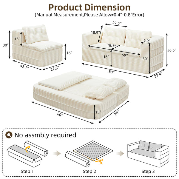 English Elm Multi Functional Sectional Sofa Bed Plush Corduroy Convertible 80" King Sleeper with Chaise, Deep Fluff Beige W3219P339464