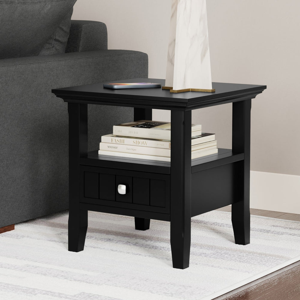 English Elm Acadian Solid Pine End Table with Drawer and Shelf Black Finish Farmhouse Accent B136P419892