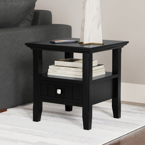 English Elm Acadian Solid Pine End Table with Drawer and Shelf Black Finish Farmhouse Accent B136P419892