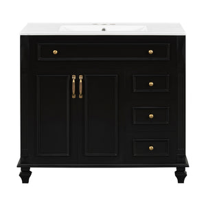 English Elm 36" Modern Bathroom Vanity with Ceramic Sink, Gold Handles, Flip-Out Drawer & Soft-Close Doors Black N725P283623B