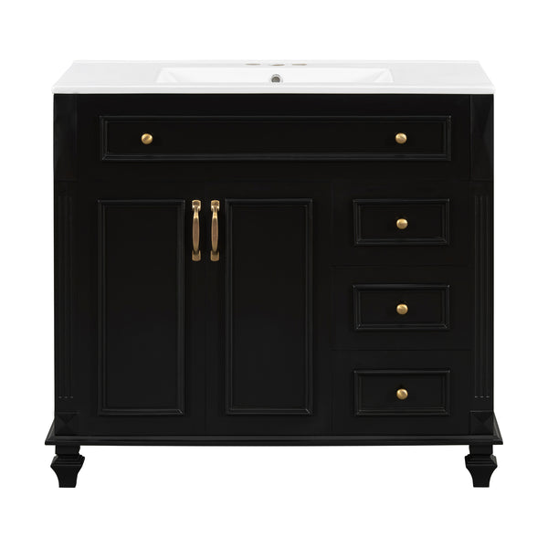 English Elm 36" Modern Bathroom Vanity with Ceramic Sink, Gold Handles, Flip-Out Drawer & Soft-Close Doors Black N725P283623B