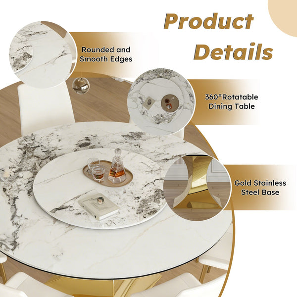 English Elm 59" Round Sintered Stone Table Set Seats Eight with Gold Hourglass Base Lazy Susan W2700S00130