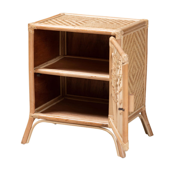 English Elm Modern Woven Rattan Bohemian Nightstand with Drawer and Open Shelf for Bedroom B2750P420375