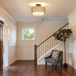 English Elm 3-Light Boho Rattan Semi-Flush Ceiling Lamp, Handwoven Drum Shade, Dimmable E26 Trio for Bedroom Dining Hallway W2738P185423