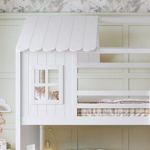 English Elm Twin Over Full Playhouse Bunk Bed with Slide Ladder Storage Shelves and Wardrobe Light White W5305S00039