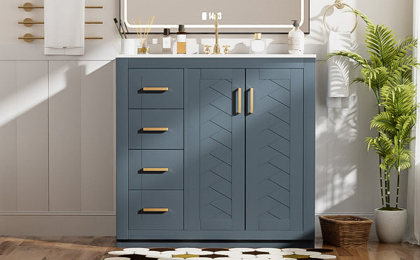 English Elm 36'' Bathroom Vanity with Ceramic Sink Combo, Solid Wood Frame, Soft-Close Drawers and Stylish Retro Groove Design Blue N710P291684C