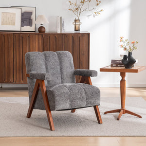 English Elm Mid-century Modern Chenille Accent Chair Cloud Silhouette Oak Frame Living Room Lounge Grey W1170P425433