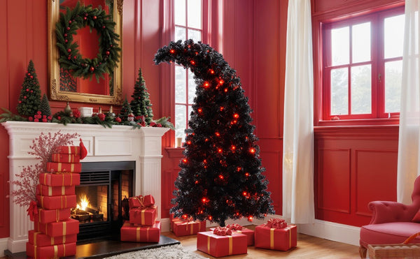 English Elm 6FT Black Artificial Christmas Tree with 250 LED Orange & Purple Lights, 900 Tips, UV-Resistant Indoor Decor PX283441AAA