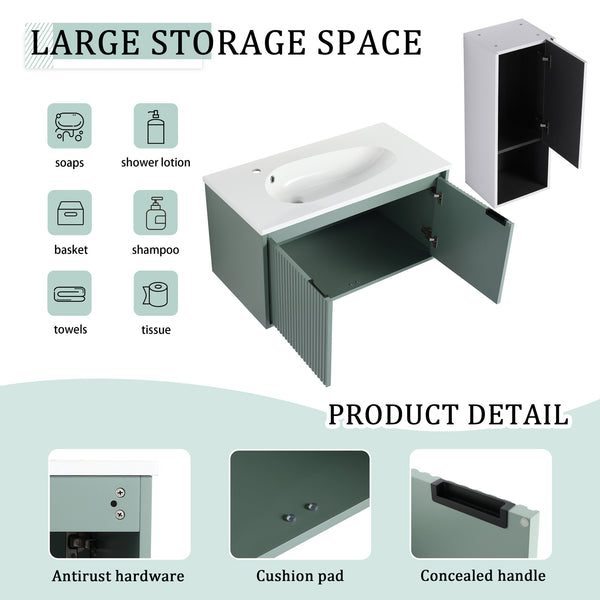 English Elm 36" Floating Bathroom Vanity with Drop-Shaped Resin Sink, Side Cabinet, Soft-Close Doors, Water-Resistant Finish W999S00332