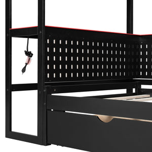 English Elm Twin Gaming Daybed with Led Strips Desk Pegboard Bookcase and Three Storage Drawers Black+Red N820S00083J