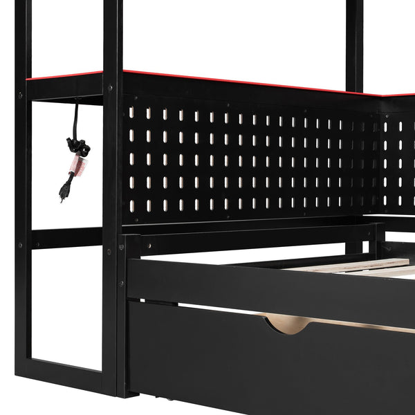 English Elm Twin Gaming Daybed with Led Strips Desk Pegboard Bookcase and Three Storage Drawers Black+Red N820S00083J
