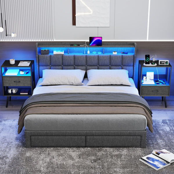 English Elm 2 Pack Modern Nightstands With Led Lighting & Charging Station - Stylish Fabric Drawers Included W1550P272495