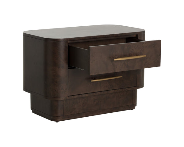 Sunpan EZEKIEL Nightstand - Chic Maple Burl Veneer with Soft-Close Drawers and Brushed Gold Accents 112139