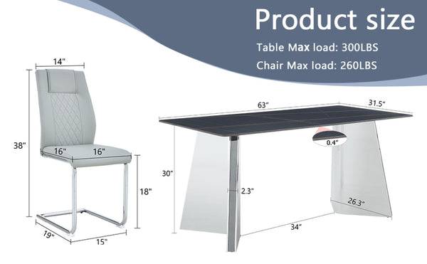 English Elm Table Set With Black Marble Top & Stainless Steel Legs - 6 Light Gray Pu Chairs For Modern Dining W1151S01964-GIGA