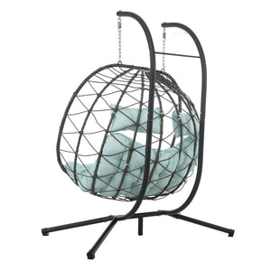 English Elm 2 Person Wicker Hanging Egg Chair with Freestanding Stand Outdoor Patio Swing Seat Blue W1703P444372