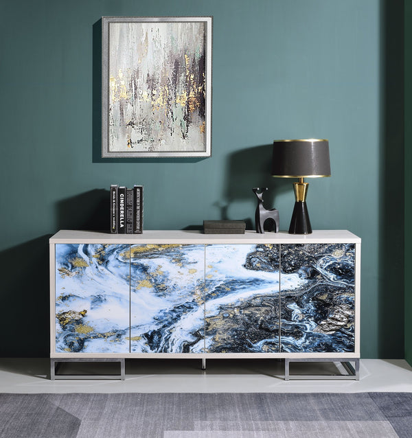 English Elm Liam Blue Marble & Gold Console Cabinet with White-Washed Oak, Chrome Base, 4-Door Storage, Shelves B2726P251795