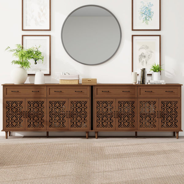 English Elm 4 Door Sideboard Buffet with Hand Carved Geometric Panels Black Oak Finish Raised Legs W688P359947