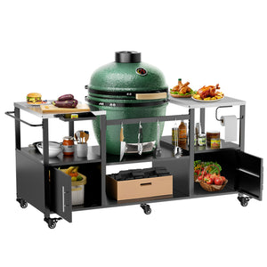 English Elm Outdoor Heavy Duty Steel Kamado Grill Cart with Locking Casters and Storage Boxes W3190P305792