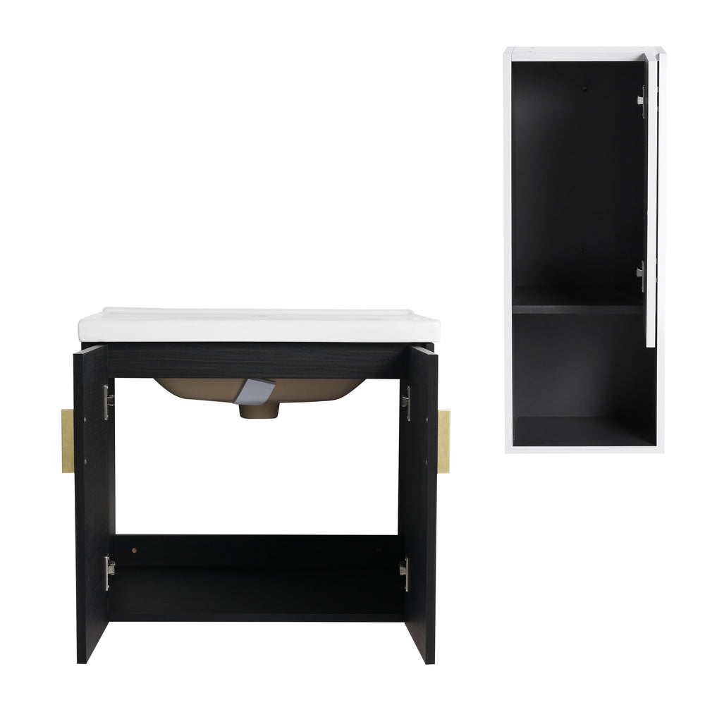 English Elm 24" Wall-Mounted Bathroom Vanity With Ceramic Sink & Side Cabinet - Soft Close Doors, Stylish Storage W999S00328